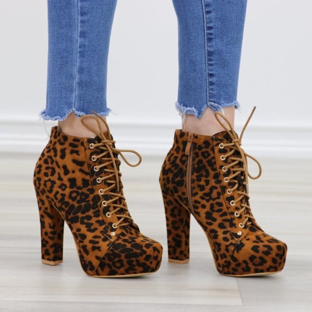 Leopard Print Suede Heeled Ankle Booties - Picture 3 of 10